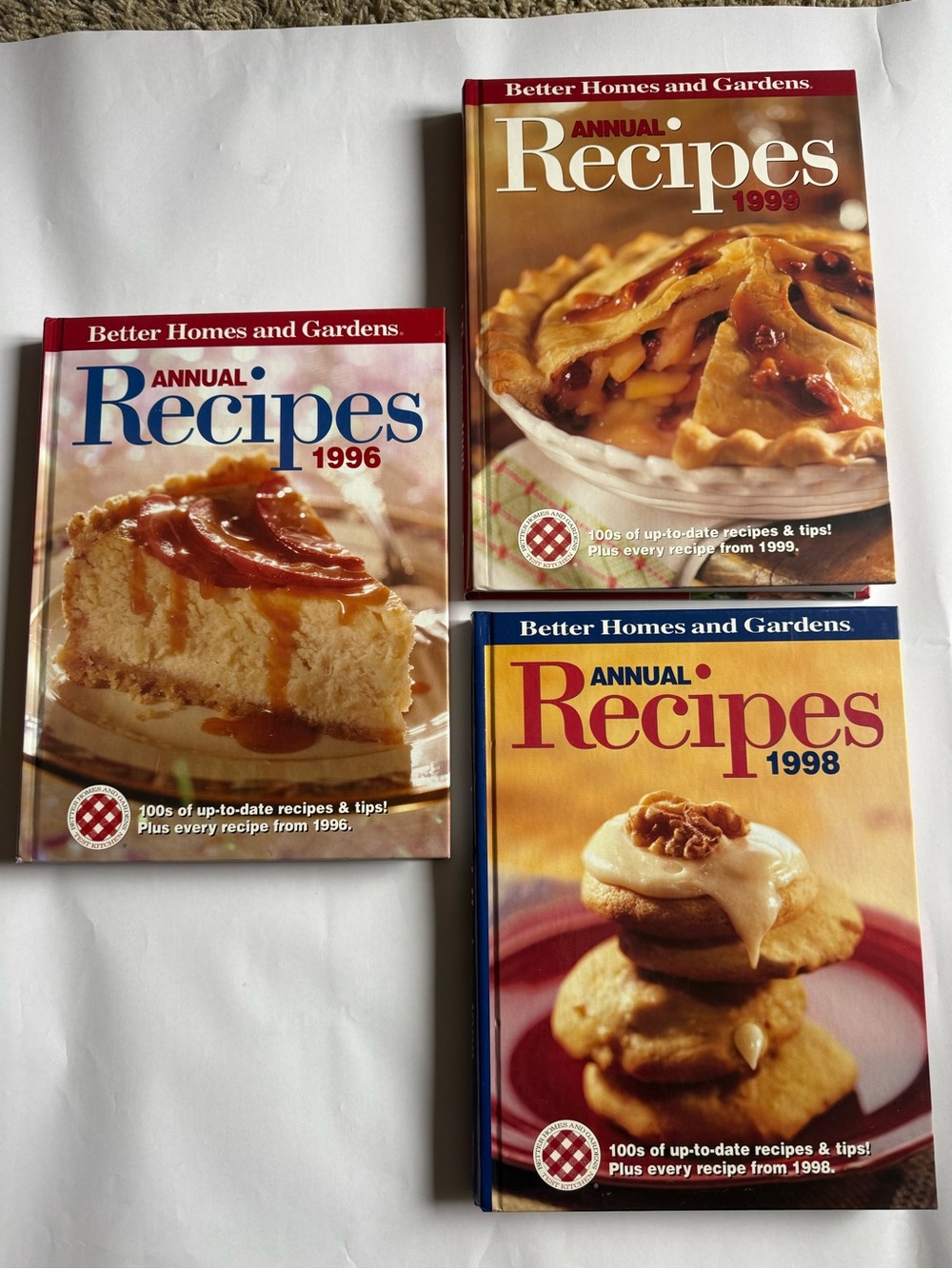 Better Homes & Gardens Annual Recipes 1996, 1998, 1999 Hardcover Cookbooks, Tips